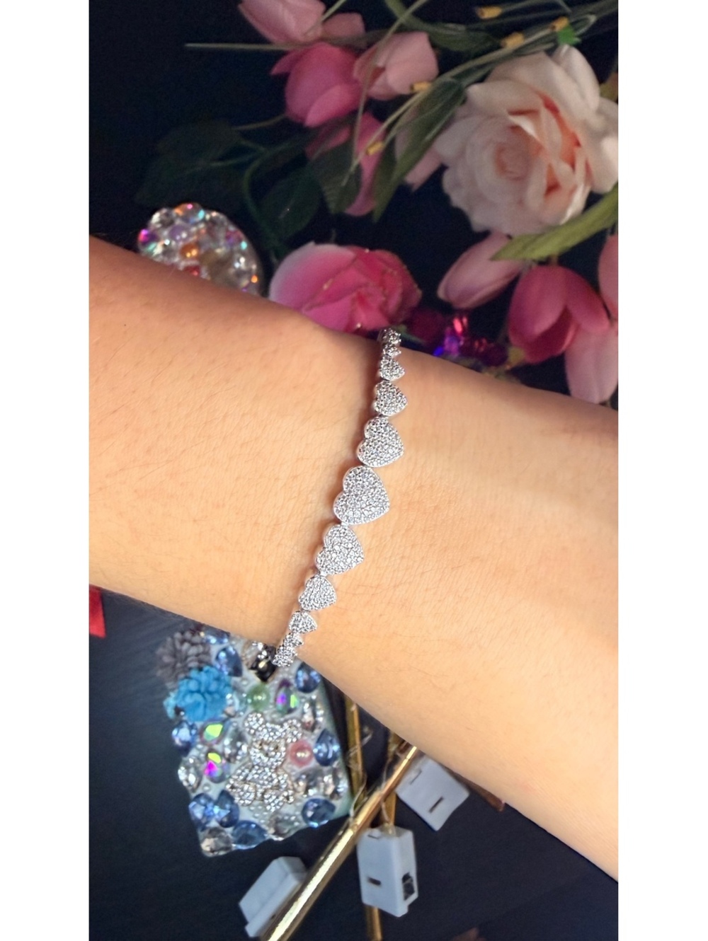 Elegant Silver Heart Link Bracelet with Sparkling Stones